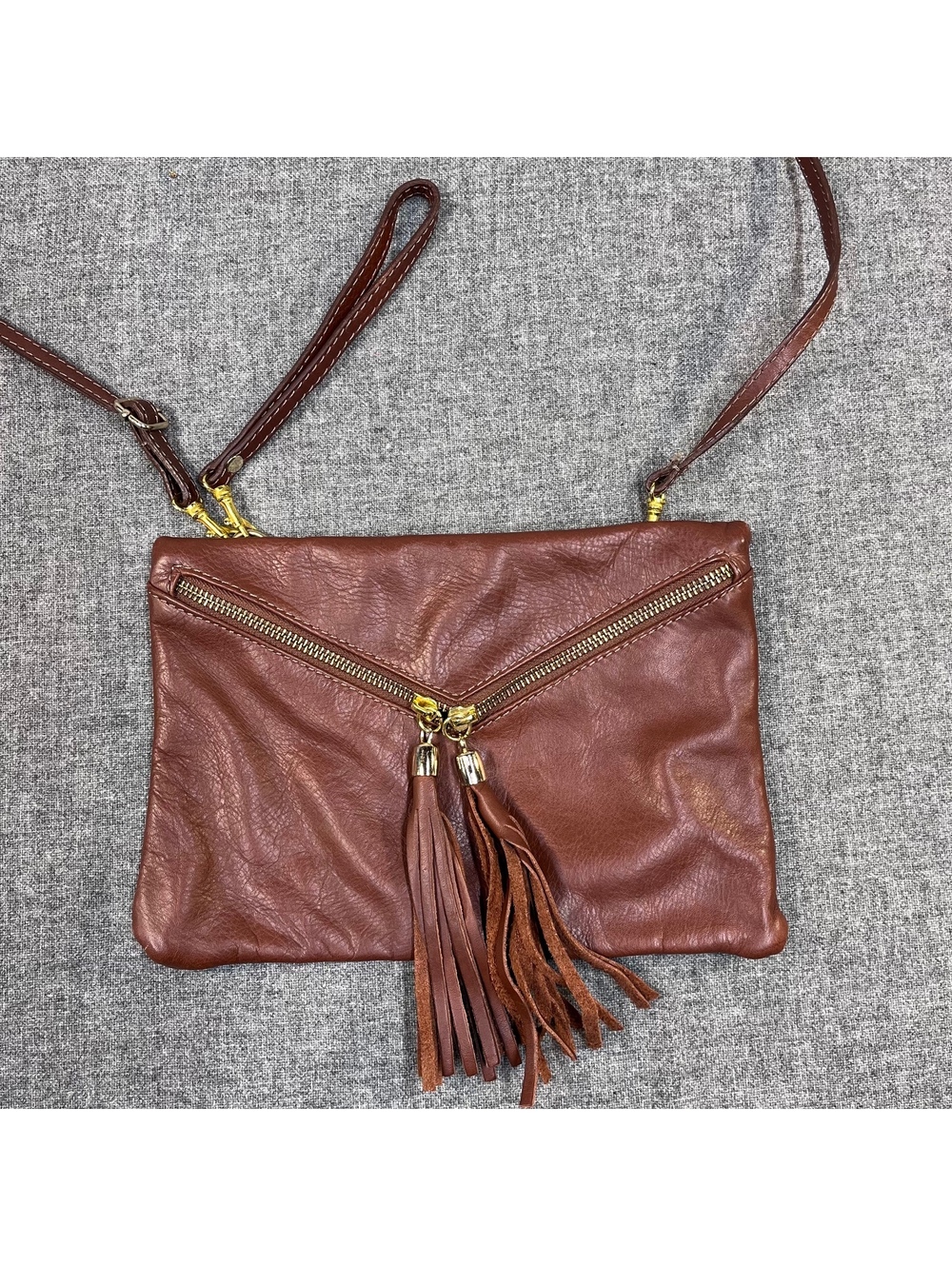 Zagara Italian Leather Tassel Crossbody Wristlet Brown Handmade